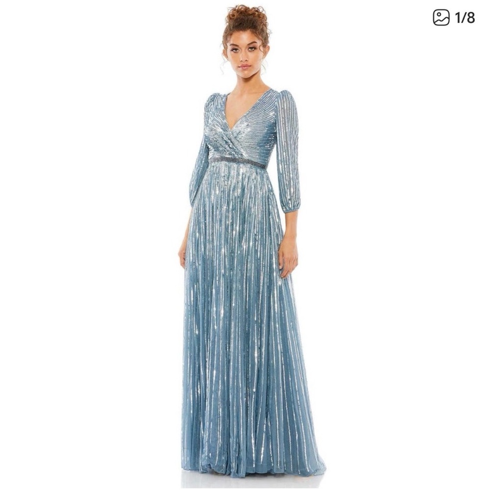 Mac Duggal 5509 Slate Blue Sequined 3/4 Sleeve V-Neck Plus Size Formal Gown NWT